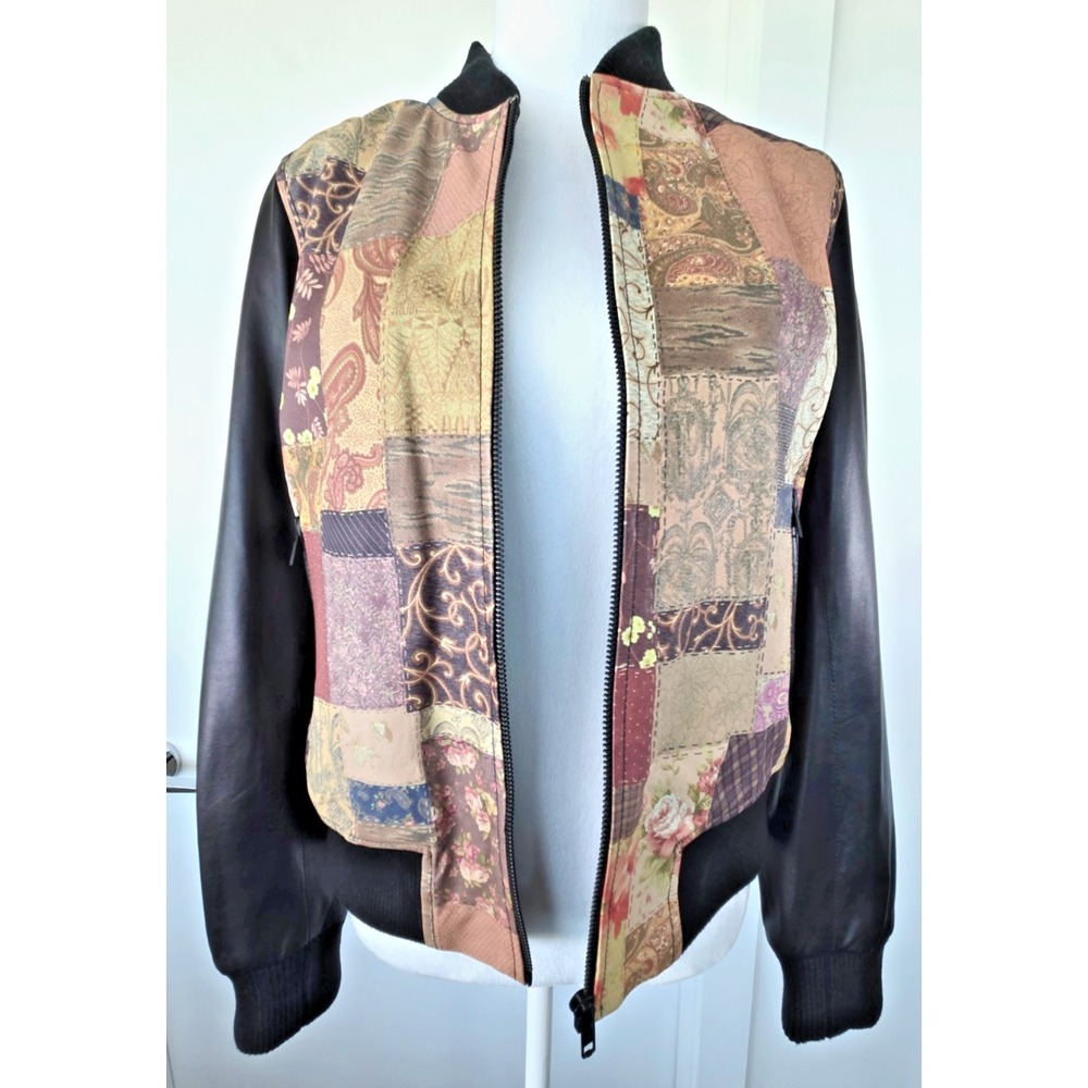 Brown Black Leather Patchwork Pattern Bomber Jacket Fall Retro Chic Old Money